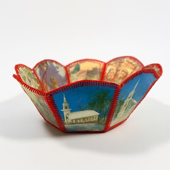 None Other - Christmas Card Basket Vintage Handmade Crochet Greeting Card Basket Bowl Christm
